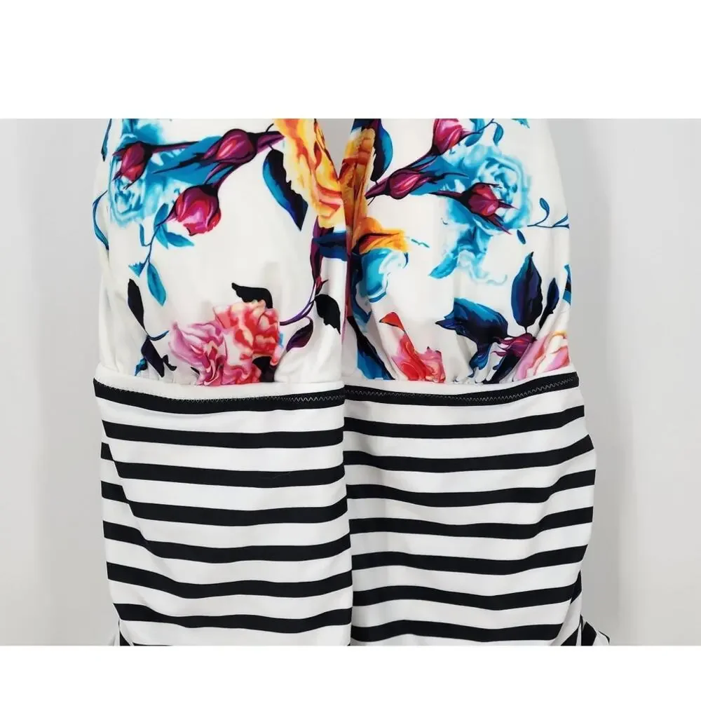 New Cupshe Bold Floral Stripe Halter Tummy Control One Piece Swimsuit 4X 4XL‎